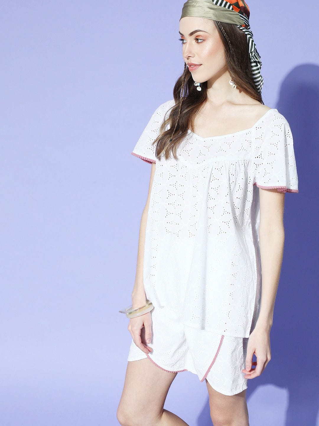 The Kaftan Company Shorts Set White Cotton Schiffli Wrap Shorts Set