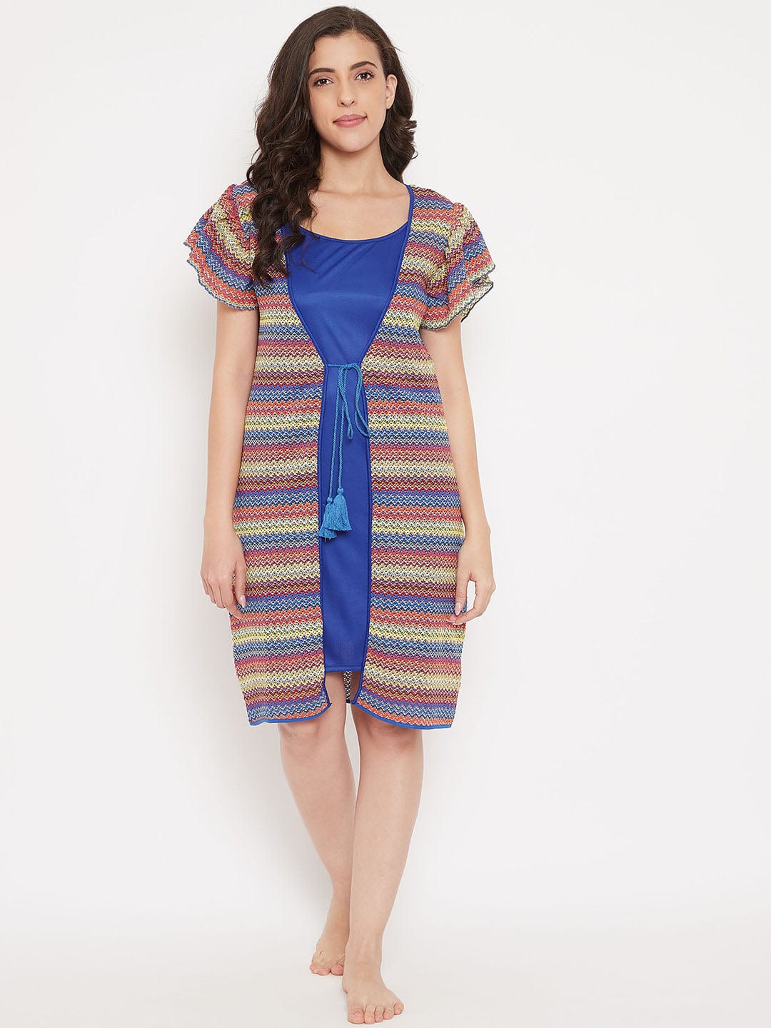 The Kaftan Company Sleep Gowns Rainbow Striped Short Gown Set - (Clearance - Final Sale)