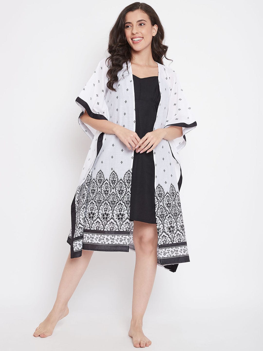 The Kaftan Company Sleep Gowns White Buti Printed Cotton Gown Set - (Clearance - Final Sale)