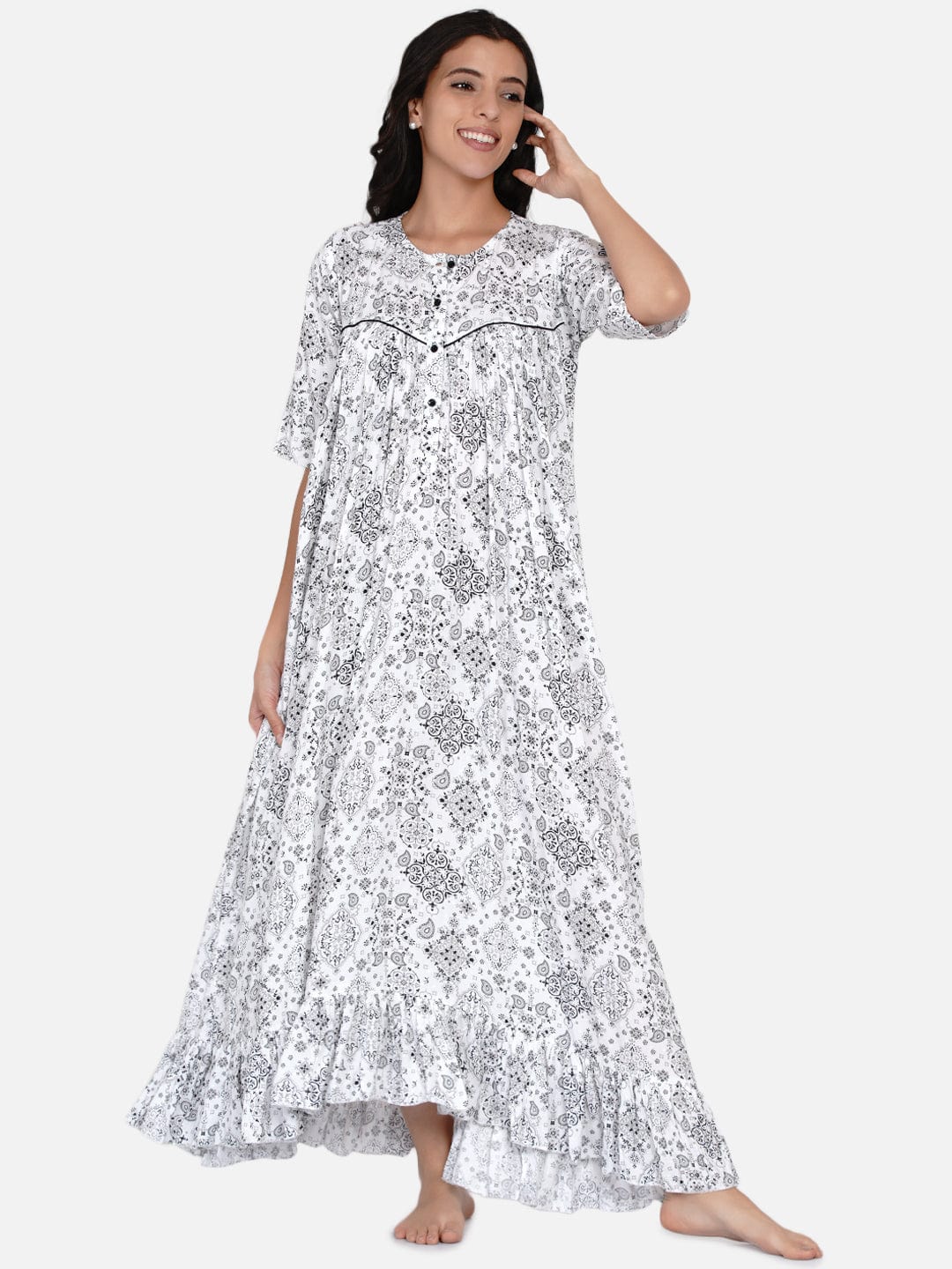 The Kaftan Company Sleepwear White Monochrome Gathers Loose Fit Nighty