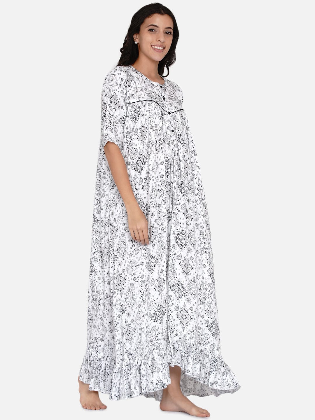 The Kaftan Company Sleepwear White Monochrome Gathers Loose Fit Nighty