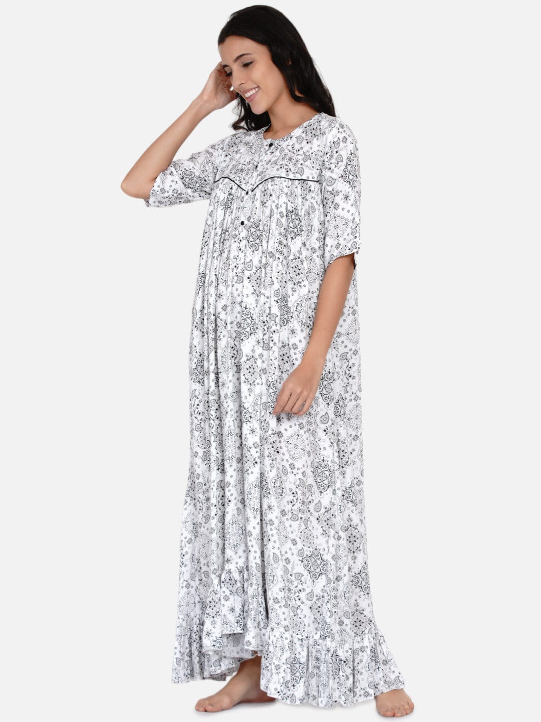 The Kaftan Company Sleepwear White Monochrome Gathers Loose Fit Nighty