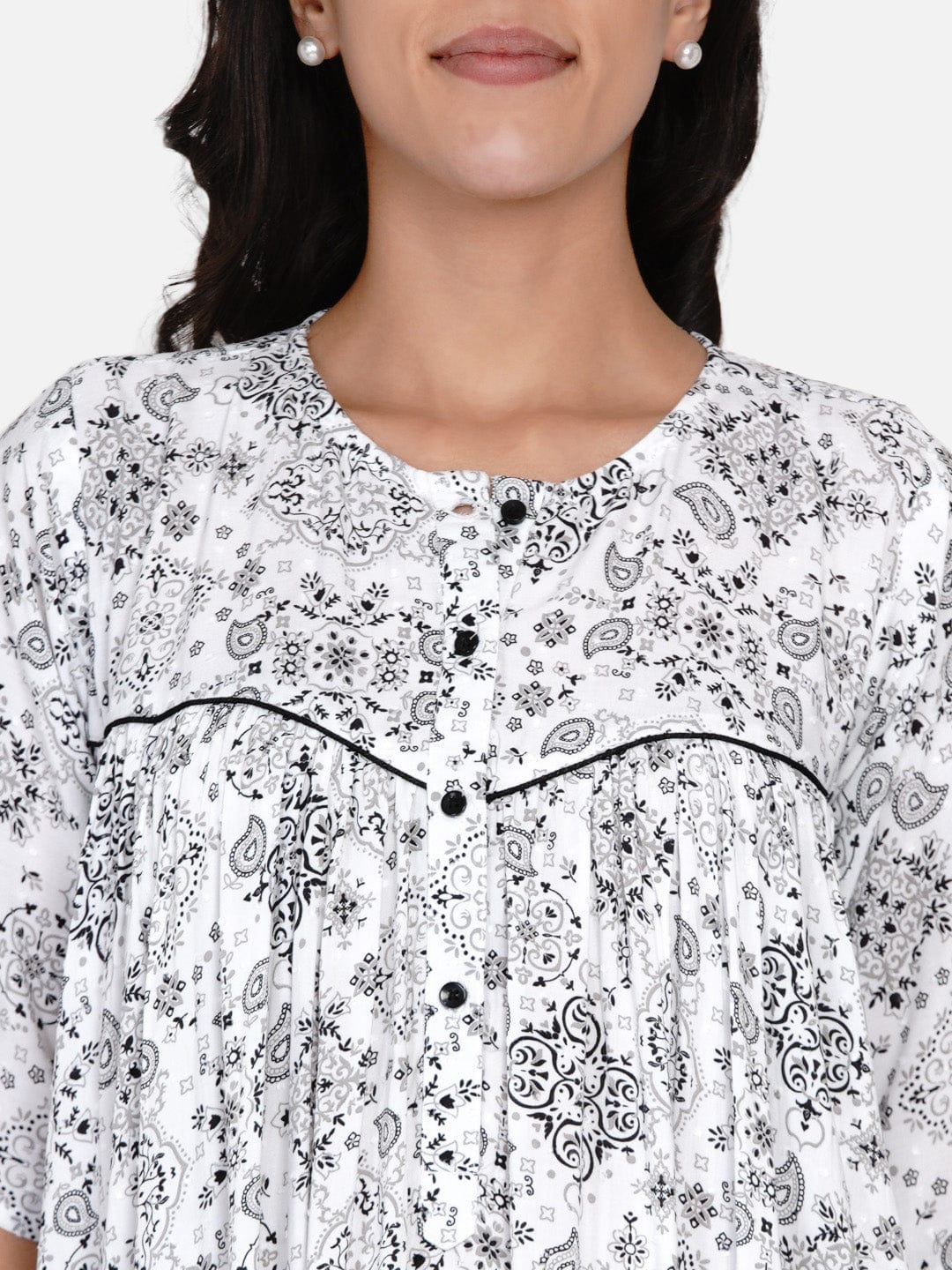 The Kaftan Company Sleepwear White Monochrome Gathers Loose Fit Nighty