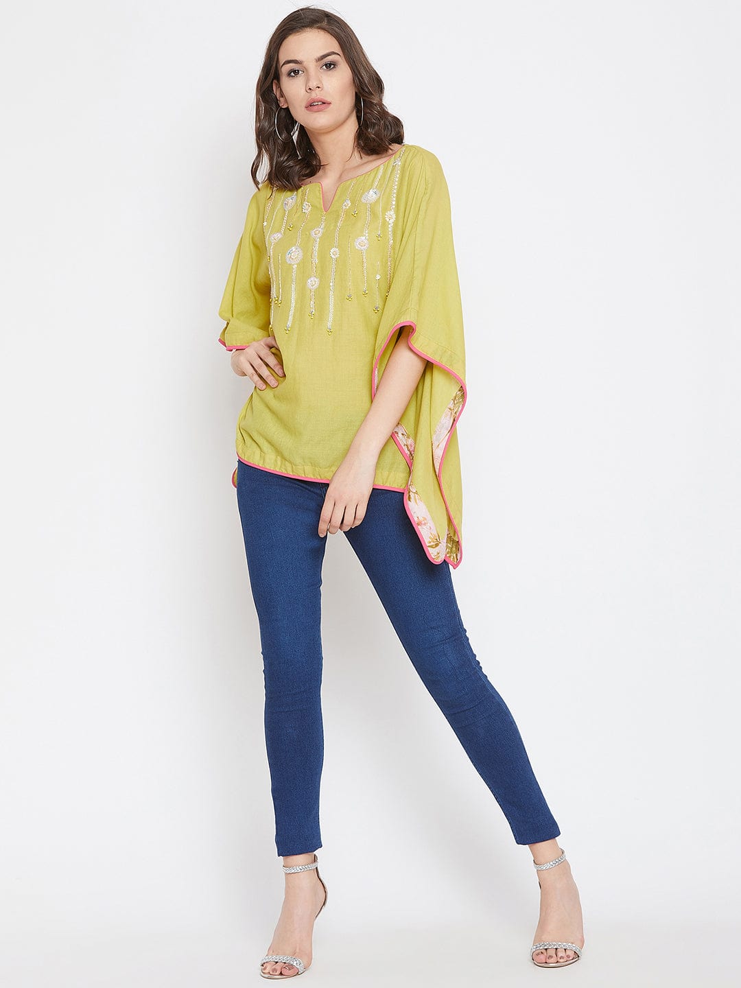 The Kaftan Company Tops Lime Green Hand Embroidered Kaftan Top