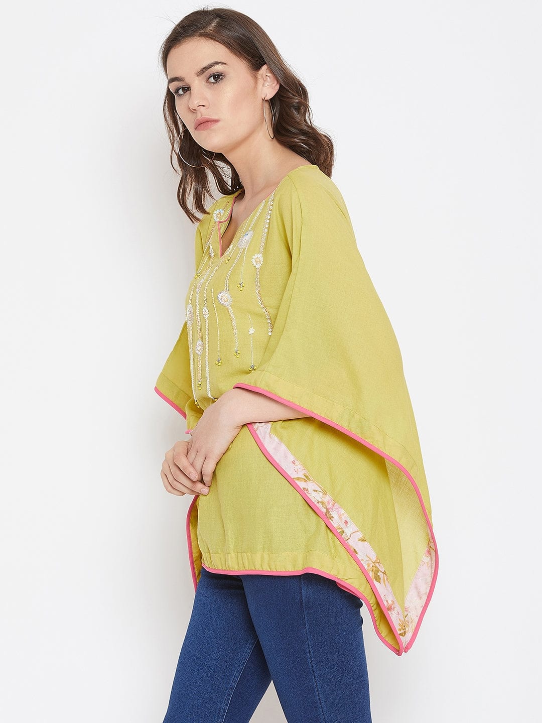 The Kaftan Company Tops Lime Green Hand Embroidered Kaftan Top