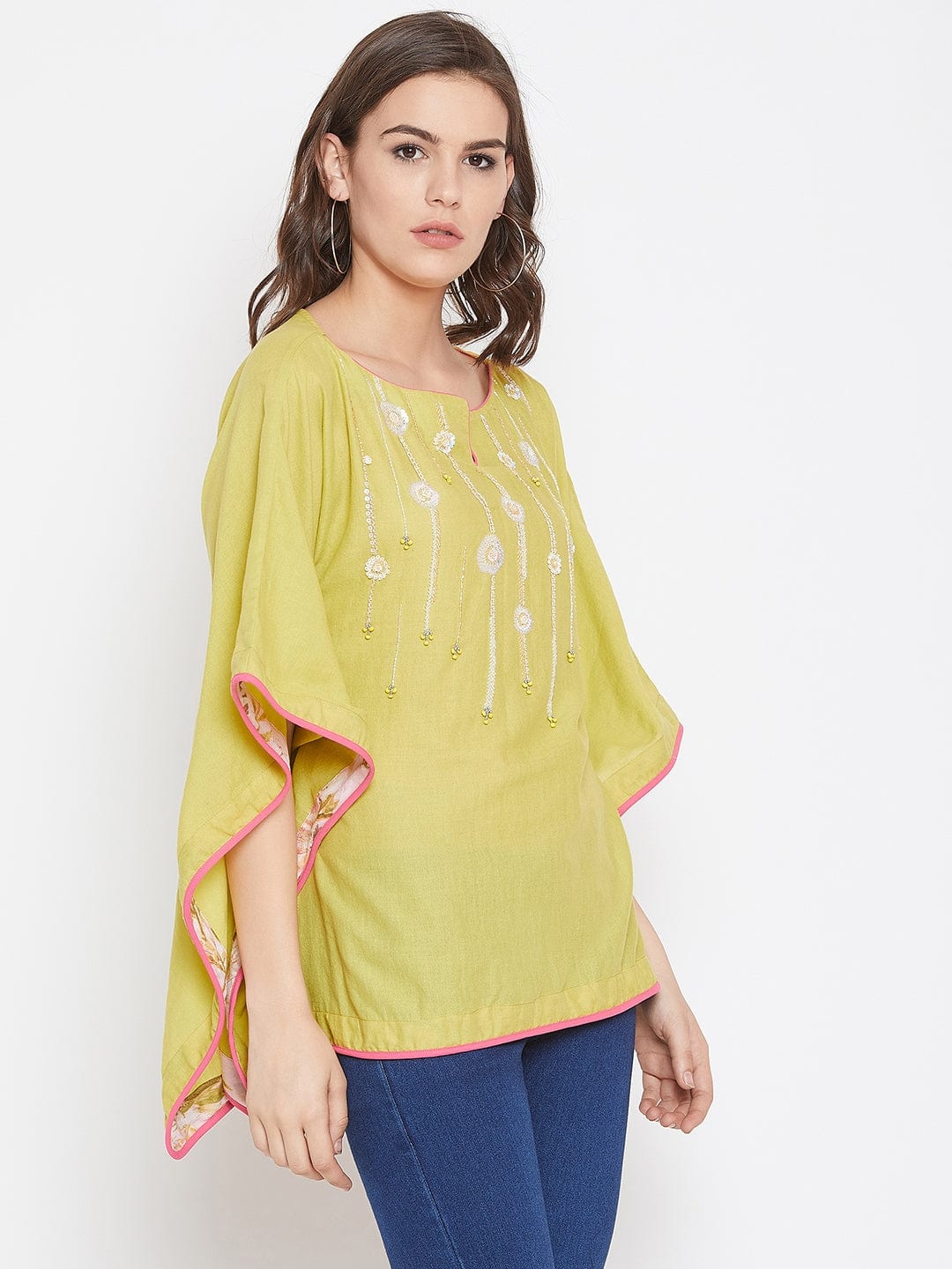 The Kaftan Company Tops Lime Green Hand Embroidered Kaftan Top