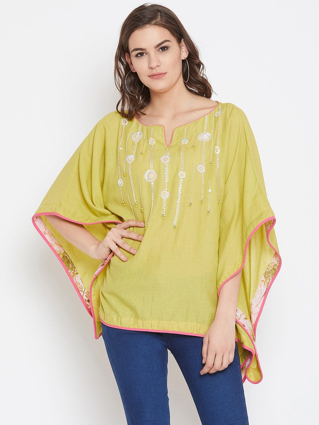 The Kaftan Company Tops Lime Green Hand Embroidered Kaftan Top