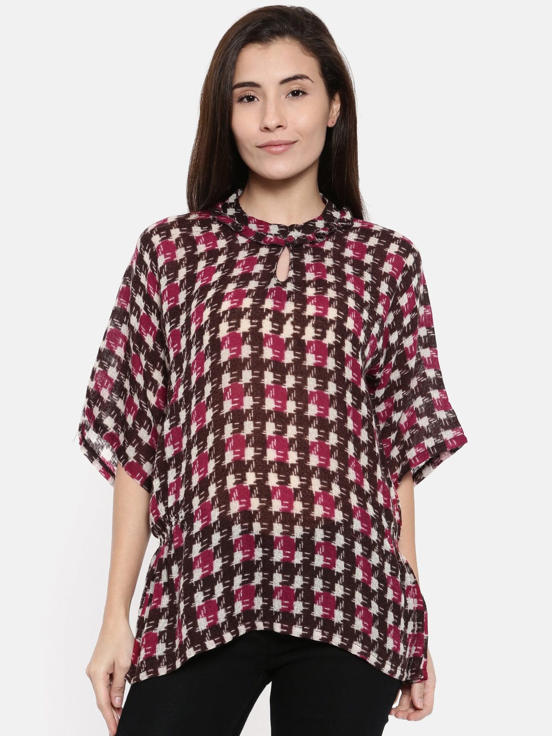 The Kaftan Company Tops Maroon Abstract Check Woolen Boxy Top