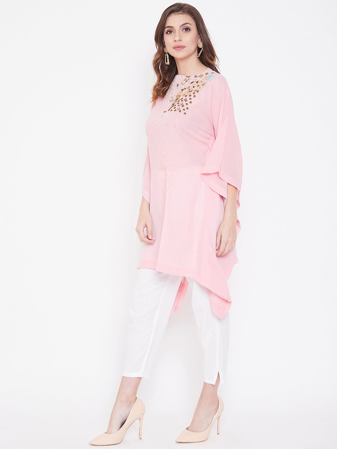 The Kaftan Company Tops Party Pink Zari Embroidery Georgette Kaftan - (Clearance - Final Sale)