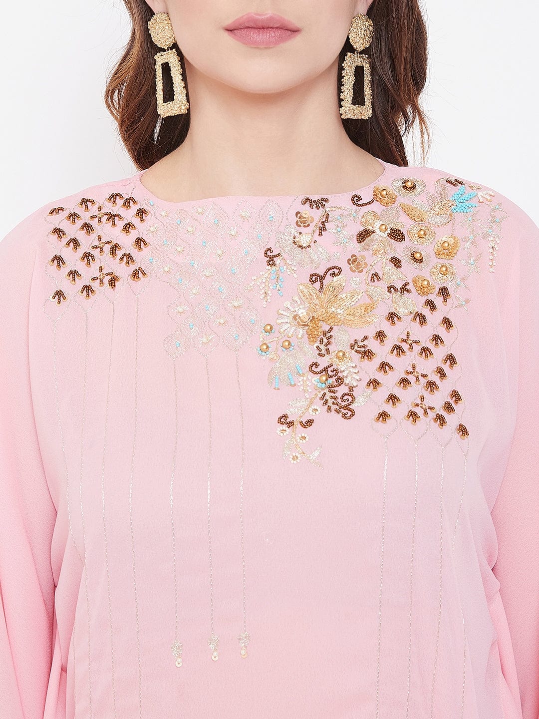 The Kaftan Company Tops Party Pink Zari Embroidery Georgette Kaftan - (Clearance - Final Sale)