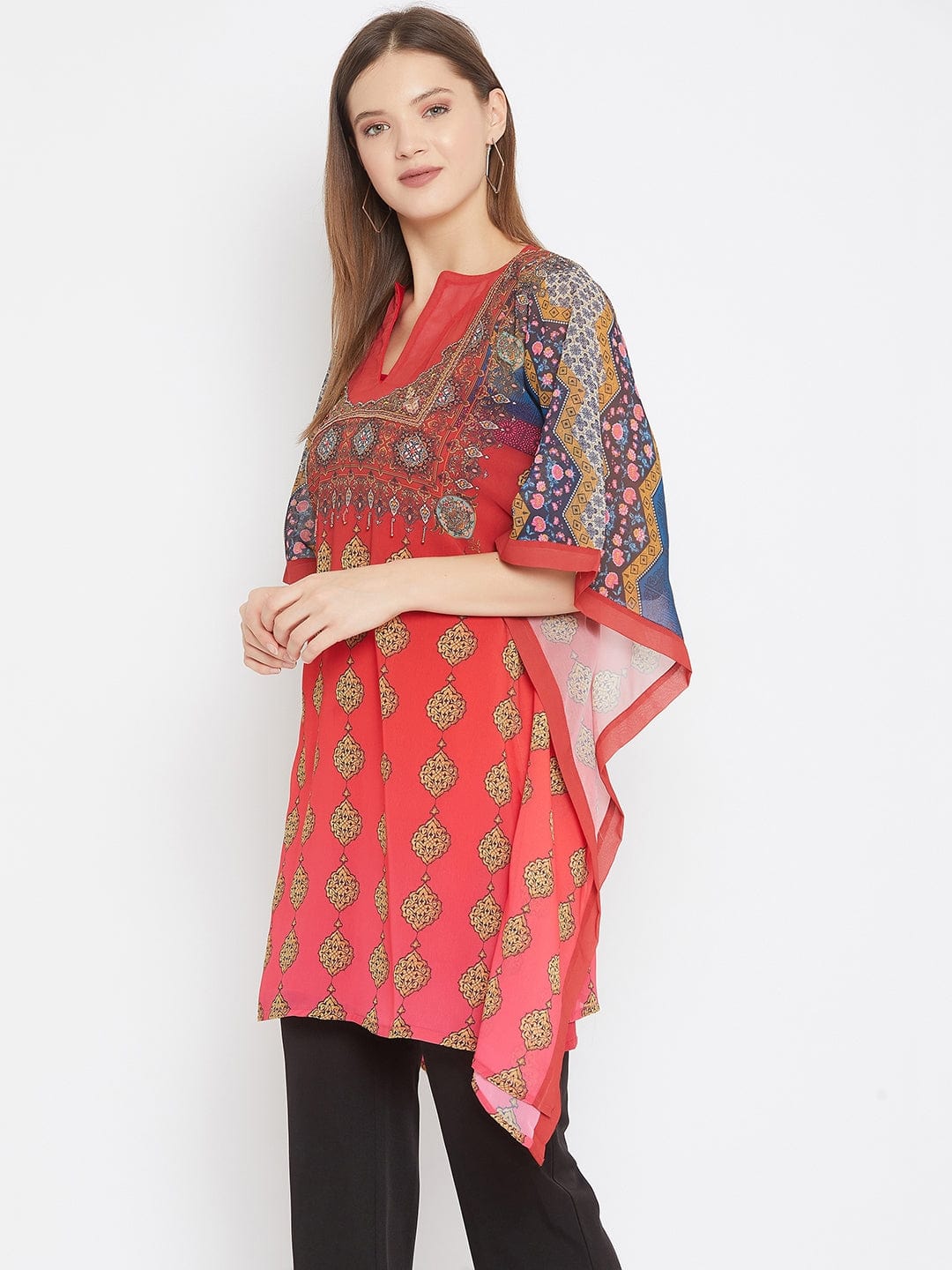 The Kaftan Company Tops Persian Printed Red Kaftan with Hand Embroidery - (Final Sale)