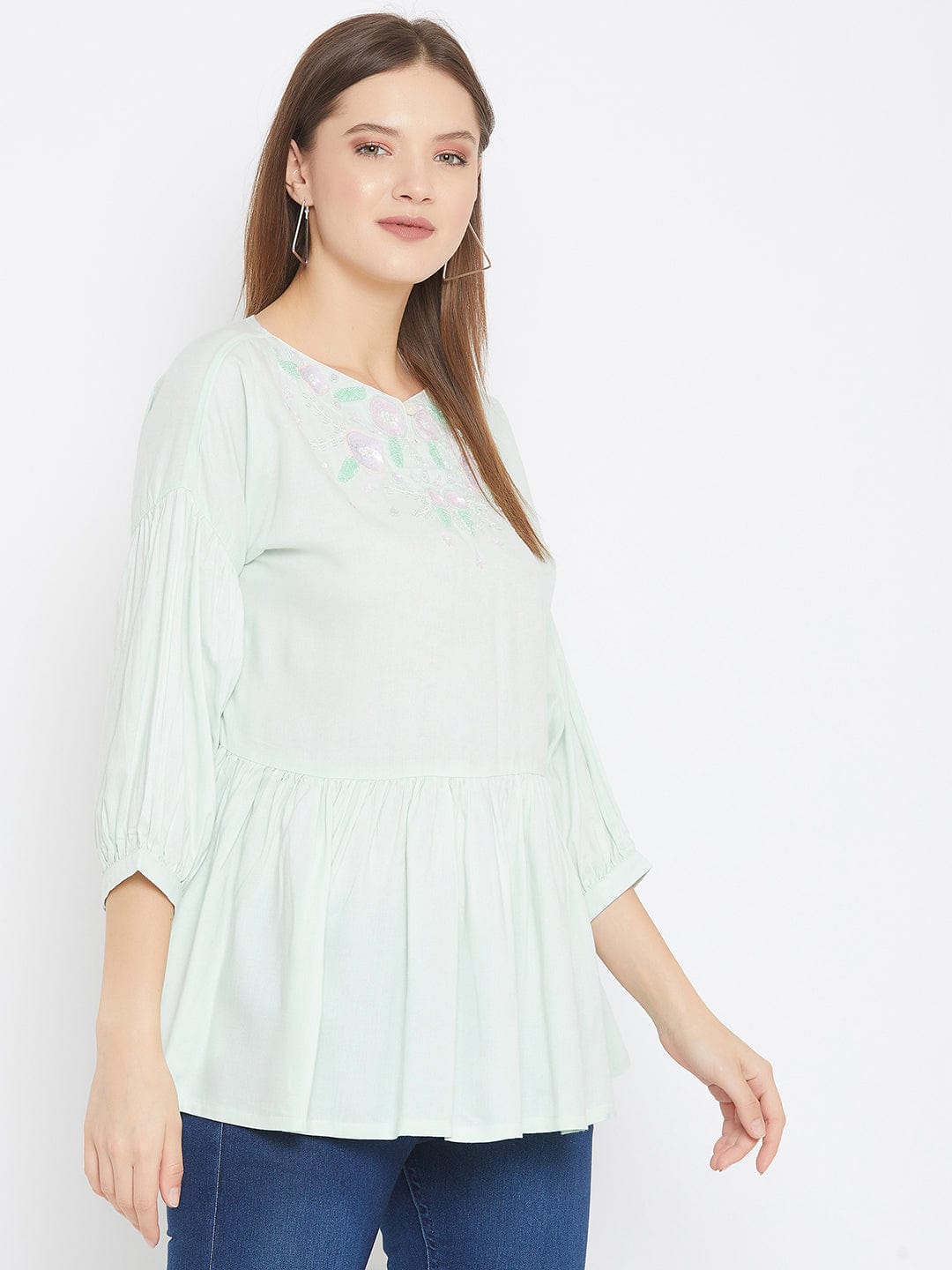 The Kaftan Company Tops Powder Blue Top with Hand Embroidery