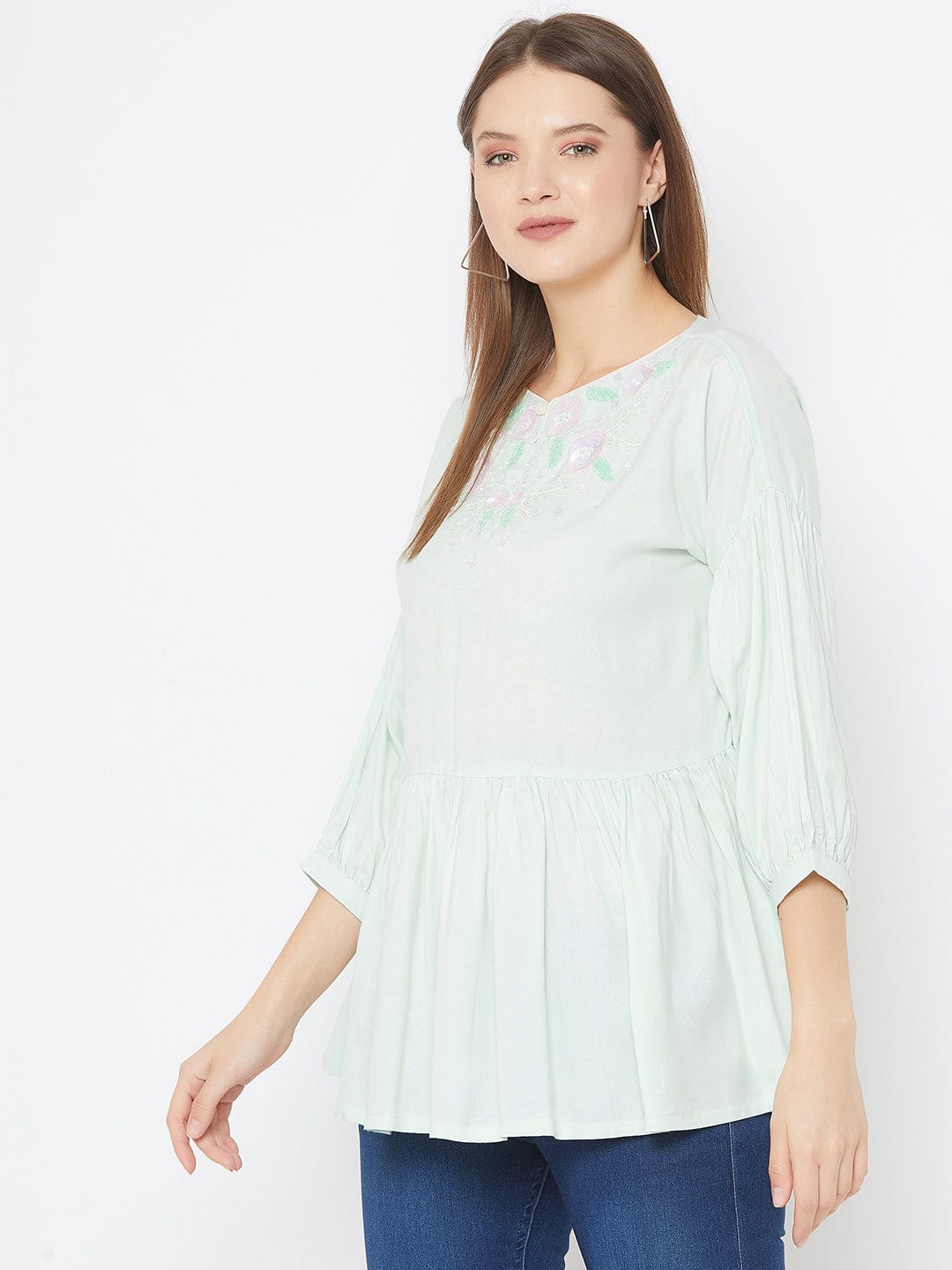 The Kaftan Company Tops Powder Blue Top with Hand Embroidery