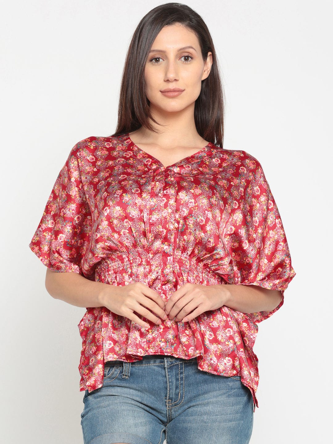 The Kaftan Company Tops Red Patterned Floral Kaftan Top - (Clearance - Final Sale)