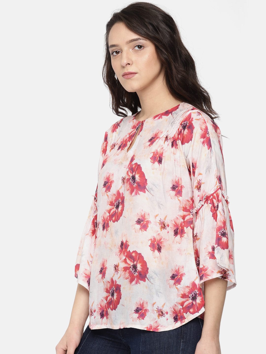 The Kaftan Company Tops S Red Floral Print Ruffle Sleeve Top - (Clearance - Final Sale)