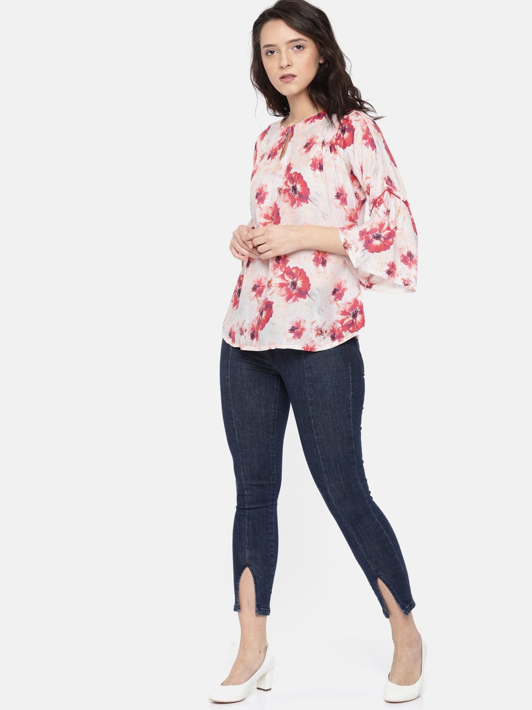 The Kaftan Company Tops S Red Floral Print Ruffle Sleeve Top - (Clearance - Final Sale)