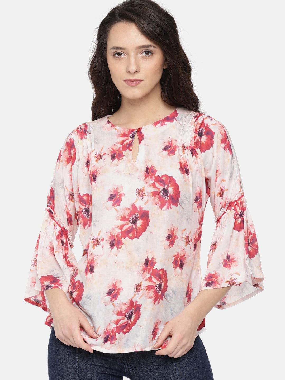 The Kaftan Company Tops S Red Floral Print Ruffle Sleeve Top - (Clearance - Final Sale)