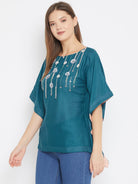 The Kaftan Company Tops Teal Blue Kaftan Top with Sequin Hand Embroidery