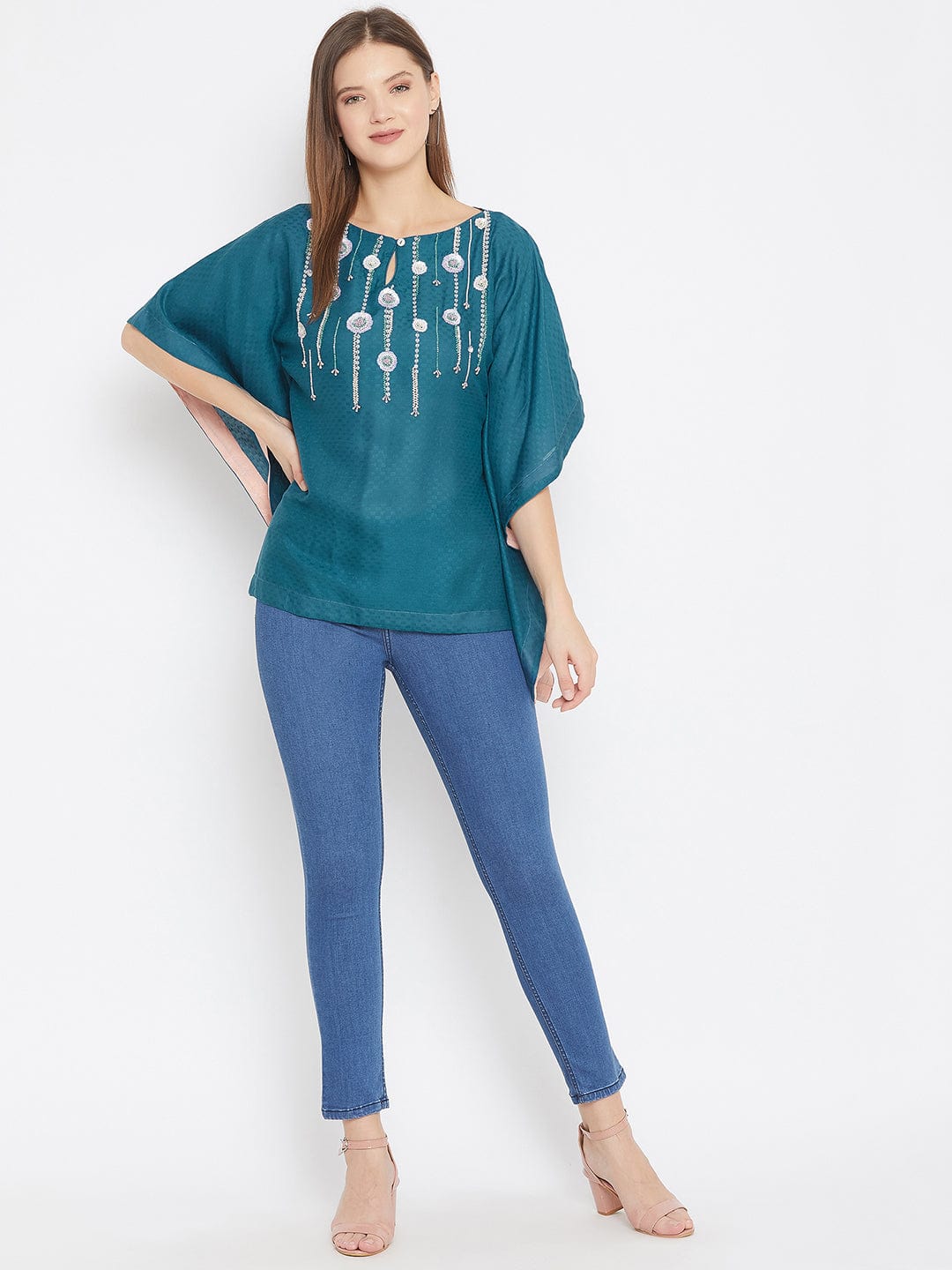 The Kaftan Company Tops Teal Blue Kaftan Top with Sequin Hand Embroidery