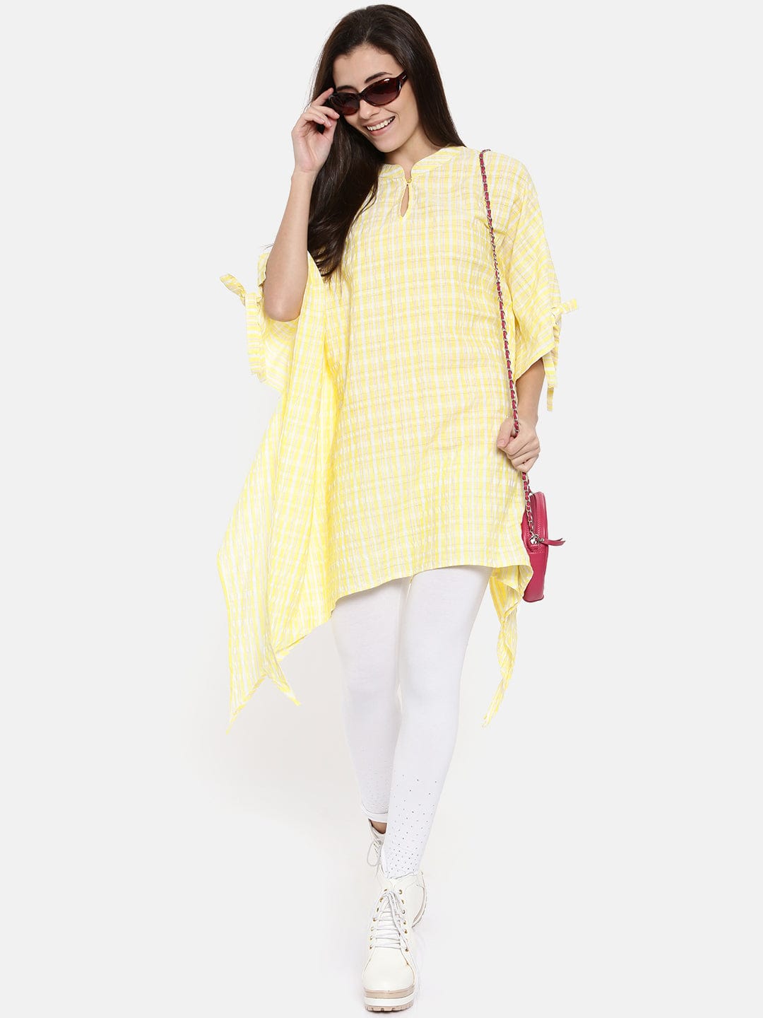 The Kaftan Company Tops Yellow Checked Cropped Wrap Top - (Clearance - Final Sale)