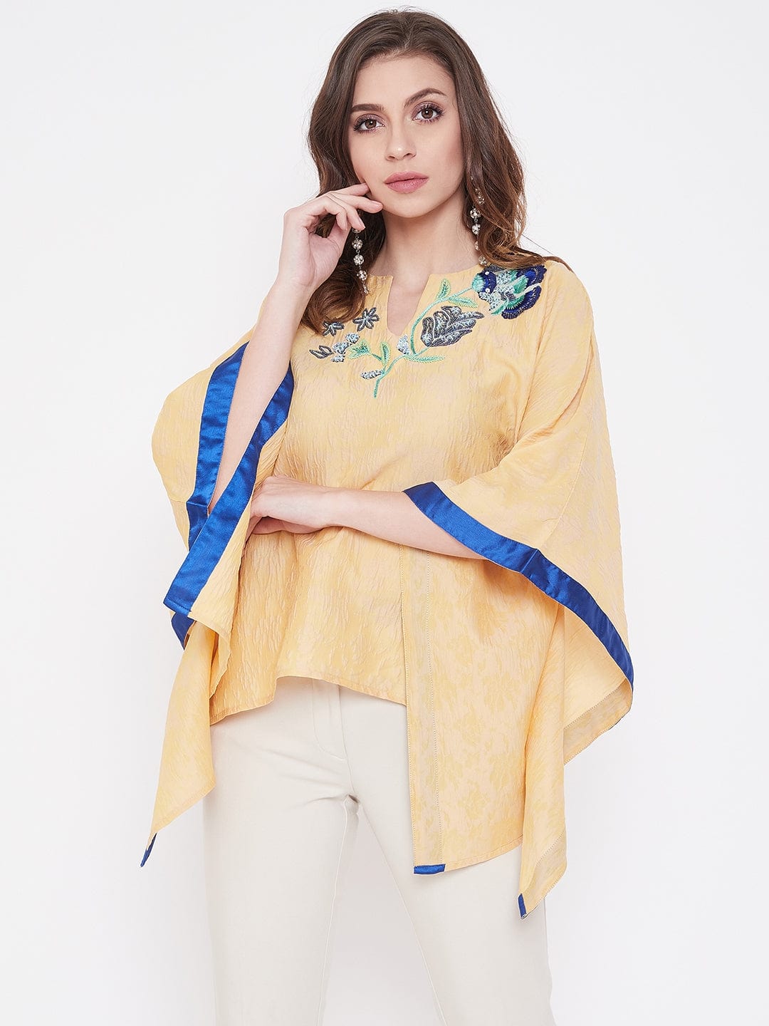 The Kaftan Company Tops Yellow Popcorn Silk Embroidered Kaftan Top